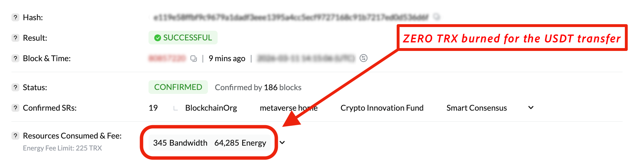 Tron transaction where no TRX were burned because the wallet had enough staked energy for the USDT transfer