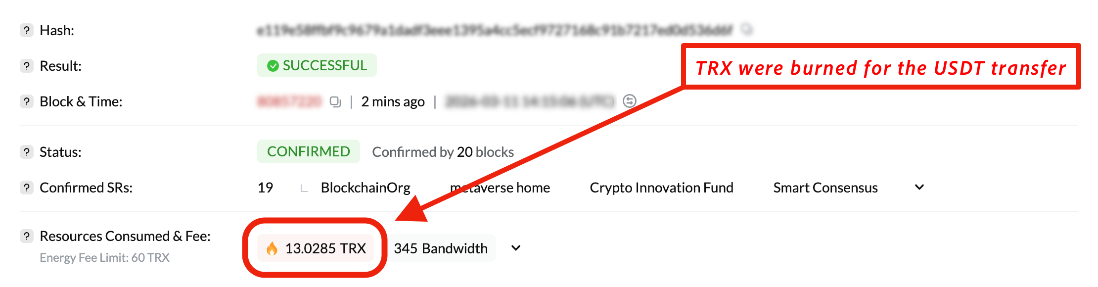 Tron transaction where TRX were burned to pay for energy during a USDT TRC-20 transfer